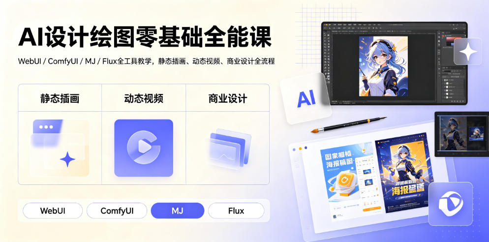 AI设计绘图零基础全能课|WebUI/ComfyUI/MJ/Flux全工具教学,静态插画、动态视频、商业设计全流程-知芽创业社