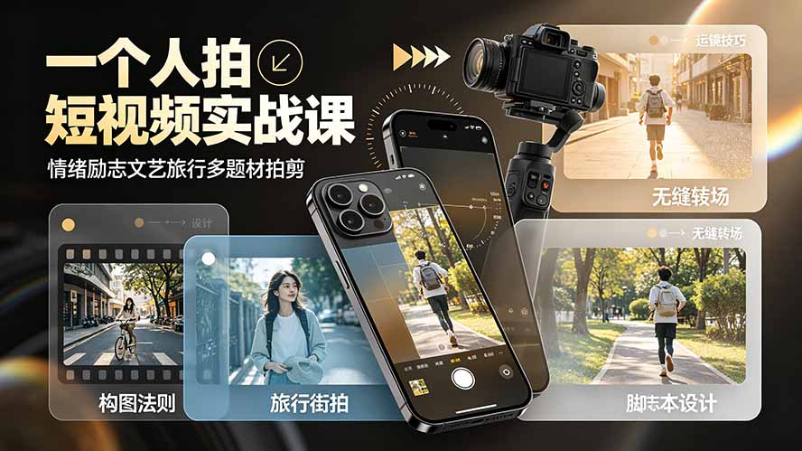 一个人拍短视频实战课：情绪励志文艺旅行多题材×五大景别×黄金构图×八大运镜，从拍摄到成片高效创作-知芽创业社