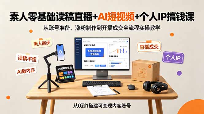 素人零基础读稿直播+AI短视频+个人IP搞钱课,从账号准备、涨粉制作到开播成交全流程实操教学-知芽创业社