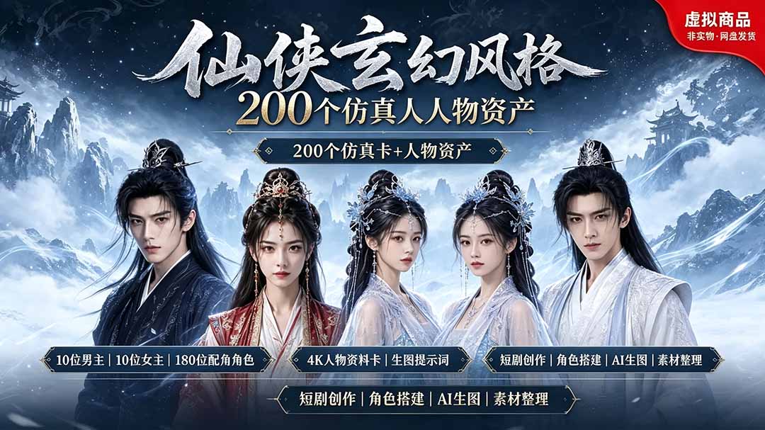 200个仙侠玄幻仿真人素材◆10男主×10女主×180配角,4K资料卡+AI生图提示词,漫剧必备-知芽创业社