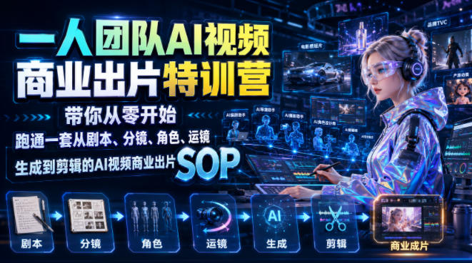 一人团队AI视频商业出片实战课:带你从零开始跑通一套从剧本、分镜、角色、运镜、生成到剪辑的AI视频商业出片SOP-知芽创业社
