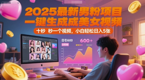2025最新男粉项目，一键生成美女视频，日引600+色粉 十秒一个视频，小白轻松日入5张【揭秘】-知芽创业社