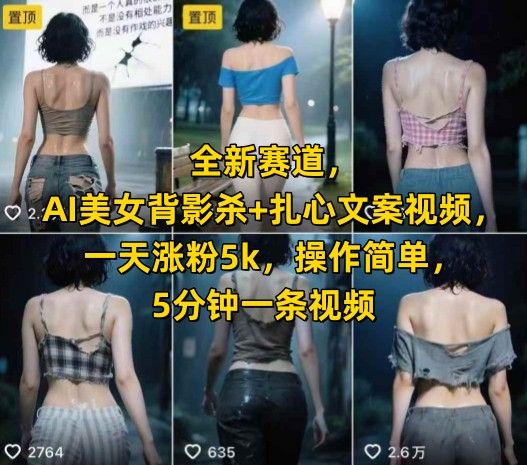 全新赛道，AI美女背影杀+扎心文案视频，一天涨粉5k，操作简单，5分钟一条视频-知芽创业社