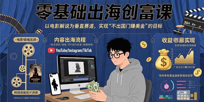 零基础出海创富课：以电影解说为垂直赛道，实现不出国门赚美金的目标-知芽创业社