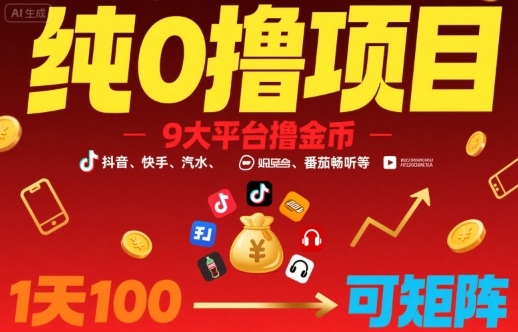 纯0撸项目，9大平台撸金币，抖音，快手，汽水，番茄畅听等，1天100，可矩阵-知芽创业社