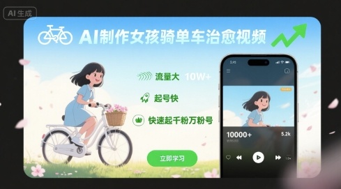 AI制作女孩骑单车治愈视频，流量大，起号快，快速起千粉万粉号-知芽创业社