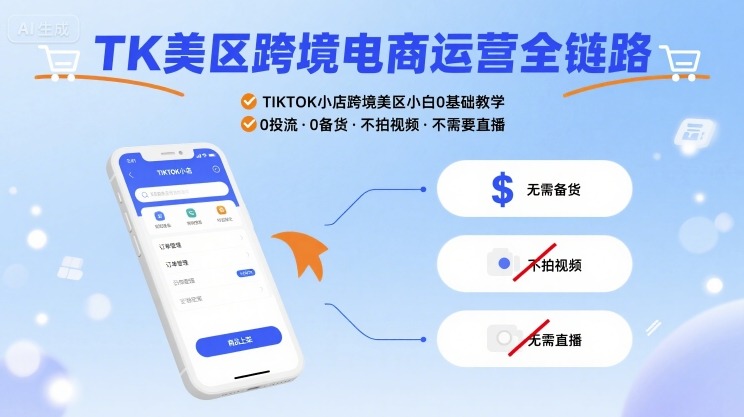 TK美区跨境电商运营全链路,TIKTOK小店跨境美区小白0基础教学,0投流0备货不拍视频不需要直播-知芽创业社