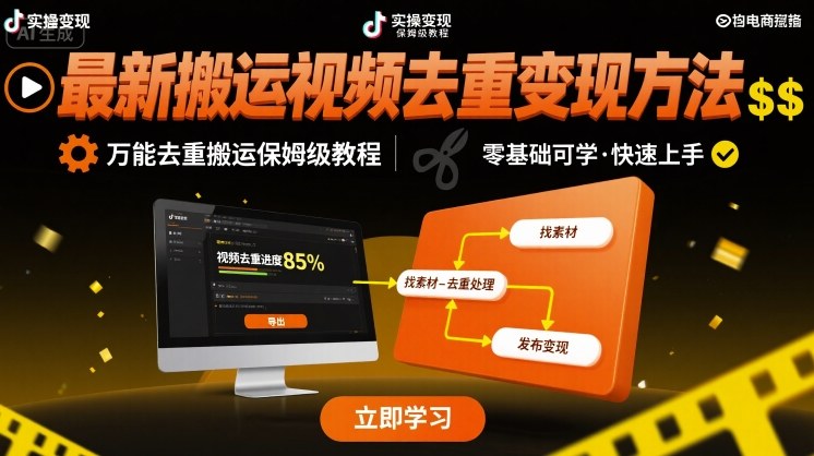 最新搬运视频去重变现方法，万能去重搬运保姆级教程-知芽创业社