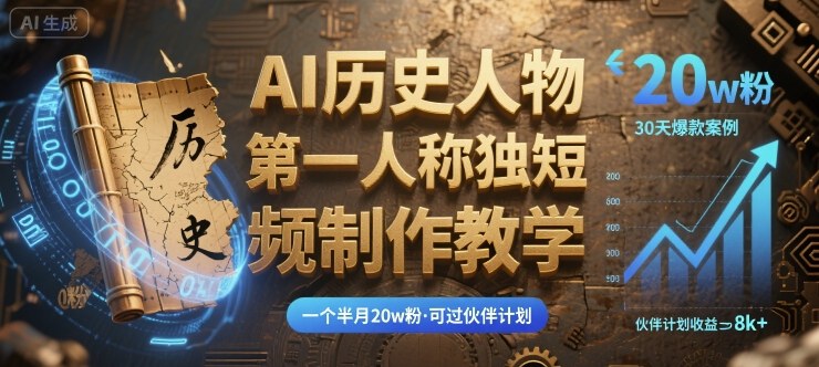 最新AI历史人物第一人称独白短视频制作教学，一个半月20w粉，可过伙伴计划-知芽创业社