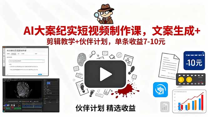 AI大案纪实短视频制作课，文案生成+剪辑教学+伙伴计划，单条收益7-10元-知芽创业社