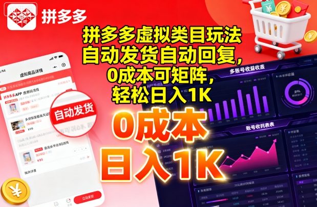 拼多多虚拟类目玩法，自动发货自动回复，0成本可矩阵，轻松日入1K【揭秘】-知芽创业社