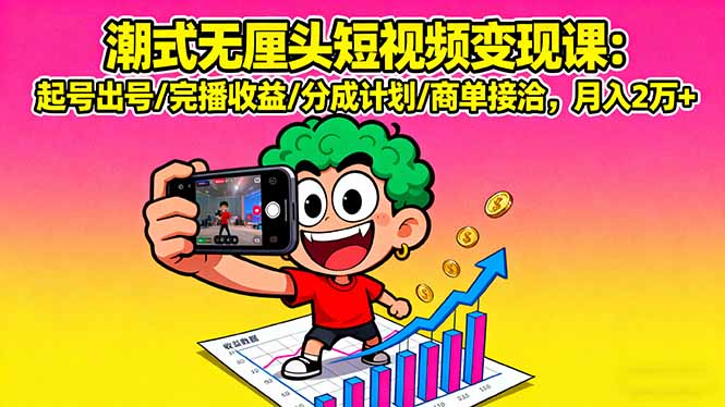 潮式无厘头短视频变现课：起号出号/完播收益/分成计划/商单接洽，月入2万+-知芽创业社
