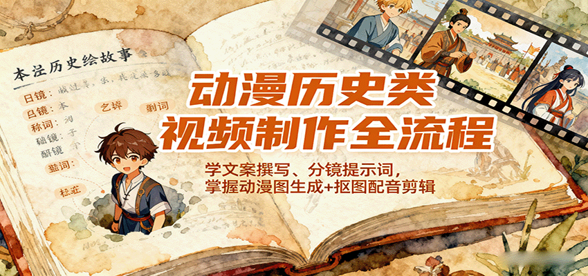 动漫历史类视频制作全流程，学文案撰写、分镜提示词，掌握动漫图生成+抠图配音剪辑-知芽创业社