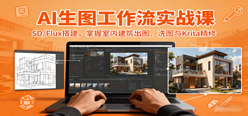 AI生图工作流实战课:SD/Flux搭建,掌握室内建筑出图、洗图与Krita精修-知芽创业社