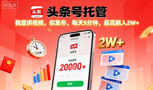【头条号托管】我提供视频，你发布，每天5分钟，最高躺入2W+【揭秘】-知芽创业社