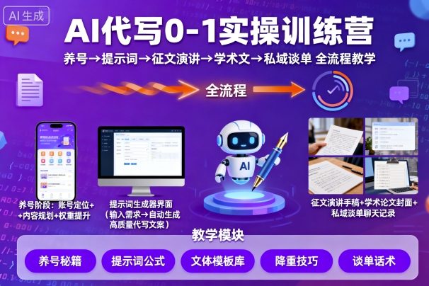 AI代写0-1实操训练营，从养号、提示词、征文演讲、学术文，到私域谈单的全流程教学-知芽创业社