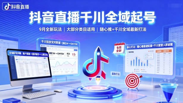 抖音直播千川全域起号，9月全新玩法，大部分类目适用，随心推以及千川全域最新打法-知芽创业社