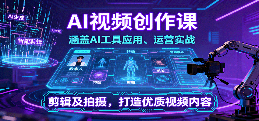 AI视频创作课，涵盖AI工具应用、运营实战、剪辑及拍摄，打造优质视频内容-知芽创业社