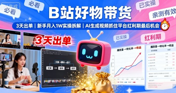 B站好物带货，3天出单，新手月入1W实操拆解，AI生成视频，抓住平台红利期最后机会-知芽创业社