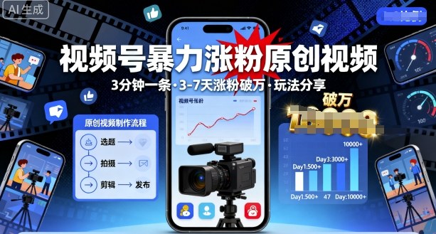 视频号暴力涨粉原创视频，3分钟一条原创视频，3-7天涨粉破万，玩法分享给你-知芽创业社