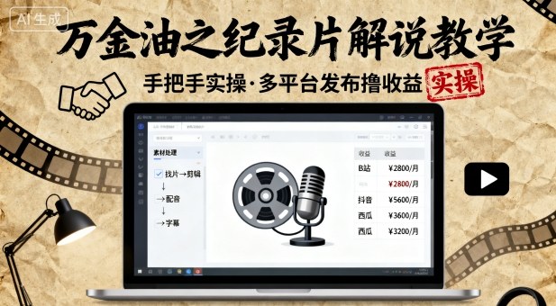 万金油之纪录片解说教学，手把手教你，完全实操，多平台发布撸收益-知芽创业社