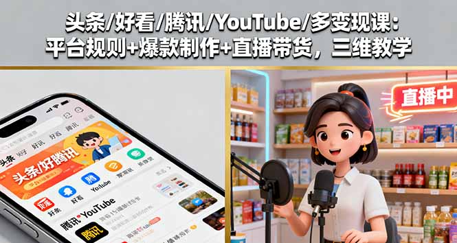 头条/好看/腾讯/YouTube/多变现课：平台规则+爆款制作+直播带货，三维教学-知芽创业社