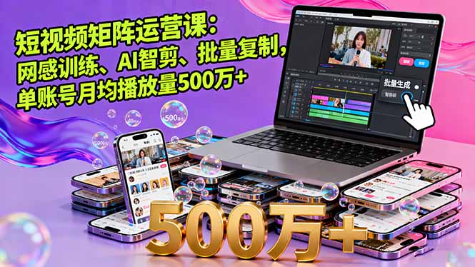 短视频矩阵运营课：网感训练、AI智剪、批量复制，单账号月均播放量500万+-知芽创业社