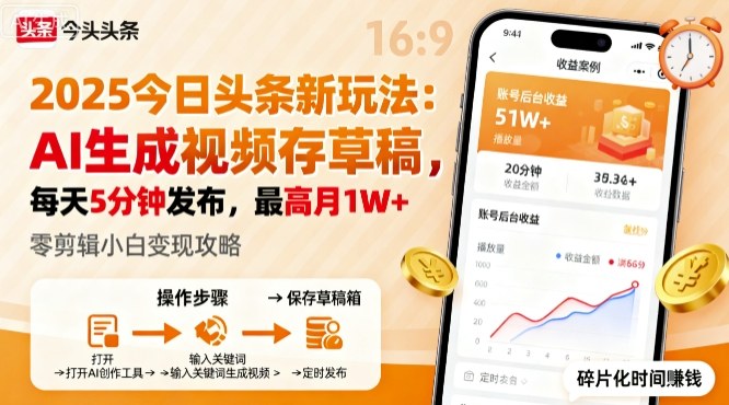 2025年今日头条躺賺新玩法，AI生成视频存草稿，每天5分钟发布，最高月1W+【揭秘】-知芽创业社