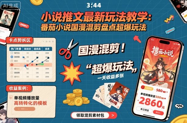 小说推文最新玩法教学，番茄小说国漫混剪盘点超爆玩法，全程干货，一天收益多张-知芽创业社