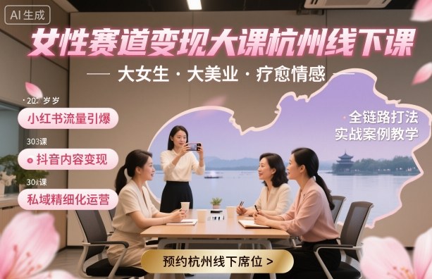 女性赛道变现大课杭州线下，大女生，大美业，疗愈情感，一套小红书、抖音、私域全链路打法-知芽创业社