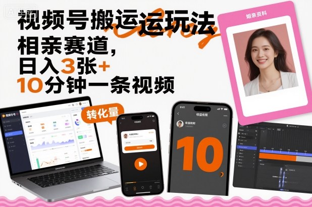 视频号搬运玩法，相亲赛道，日入3张+，10分钟一条视频-知芽创业社