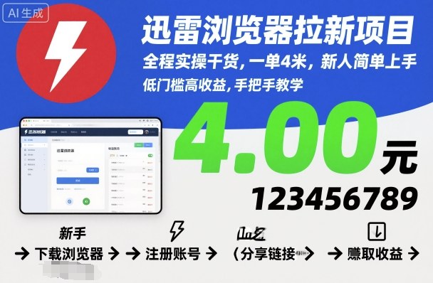 迅雷浏览器拉新项目，全程实操干货，一单4米，新人简单上手-知芽创业社