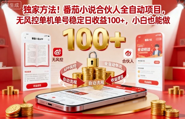独家方法！番茄小说合伙人全自动挂G项目，无风控单机单号稳定日收益100+，小白也能做【揭秘】-知芽创业社
