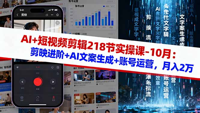 AI+短视频剪辑218节实操课-10月：剪映进阶+AI文案生成+账号运营，月入2万-知芽创业社