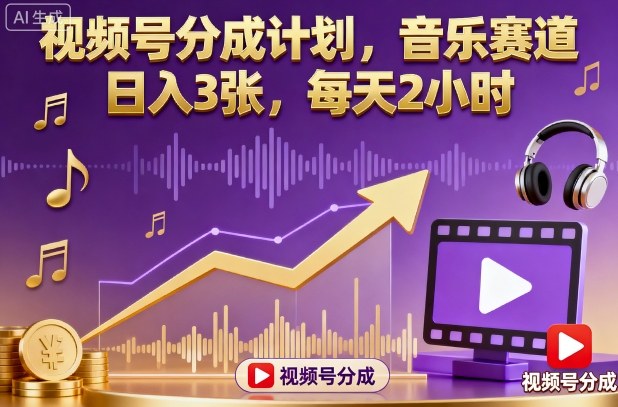 视频号分成计划，音乐赛道，日入3张，每天2小时-知芽创业社