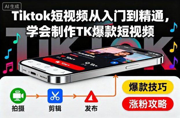 Tiktok短视频从入门到精通，学会制作TK爆款短视频-知芽创业社