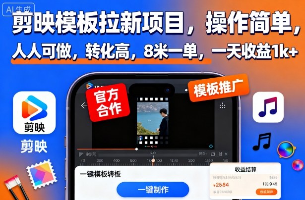 剪映模板拉新项目，操作简单，人人可做，转化高，8米一单，一天收益1k+-知芽创业社