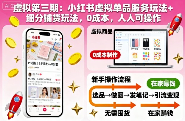 虚拟第三期：小红书虚拟单品服务玩法+细分铺货玩法，0成本，人人可操作-知芽创业社