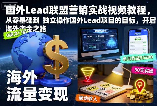 国外Lead联盟营销实战视频教程，从零基础到独立操作国外Lead项目的目标，开启海外淘金之路-知芽创业社