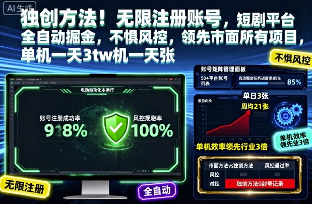 独创方法！无限注册账号，短剧平台全自动掘金，不惧风控，领先市面所有项目，单机一天3张【揭秘】-知芽创业社