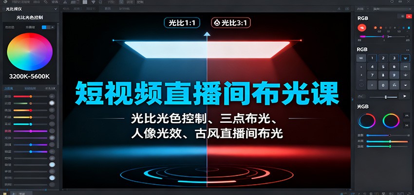 短视频直播间布光课：光比光色控制、三点布光、人像光效、古风直播间布光-知芽创业社