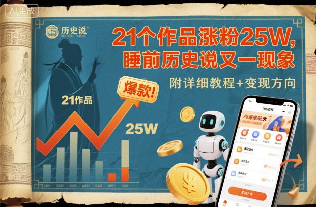 21个作品涨粉25W，睡前历史说又一现象级AI内容大爆款来啦，附详细教程+变现方向-知芽创业社