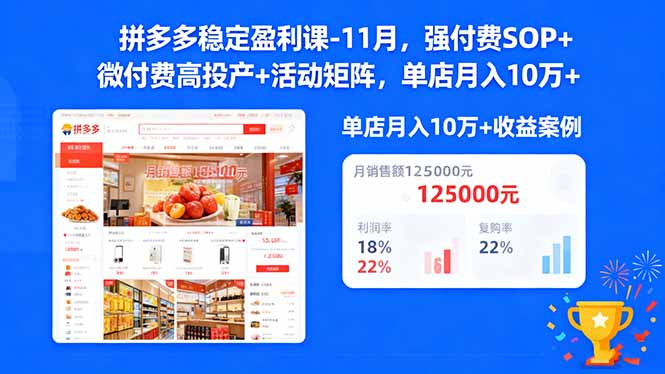 拼多多稳定盈利课-11月，强付费SOP+微付费高投产+活动矩阵，单店月入10万+-知芽创业社