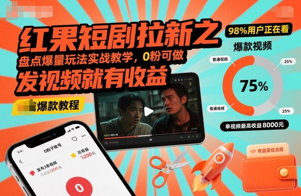 红果短剧拉新之盘点爆量玩法实战教学，0粉可做，发视频就有收益-知芽创业社