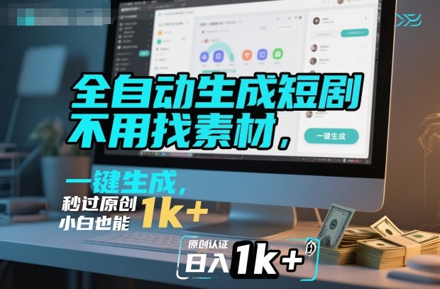 全自动生成短剧，不用找素材，不用剪辑，一键生成，秒过原创，小白也能轻松日入1k+【揭秘】-知芽创业社