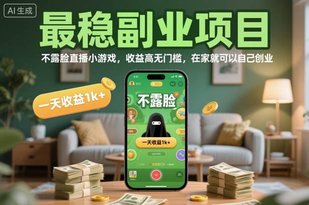 最稳副业项目，不露脸直播小游戏，收益高无门槛，一天收益1k+，在家就可以自己创业【揭秘】-知芽创业社