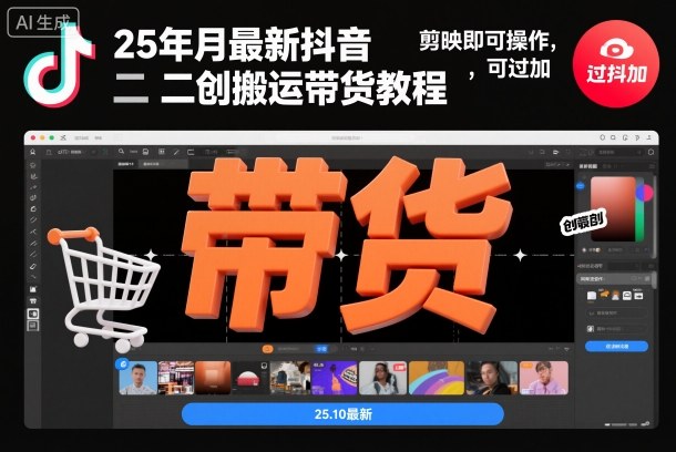 25年10月最新抖音二创搬运带货教程，剪映即可操作，可过抖加-知芽创业社
