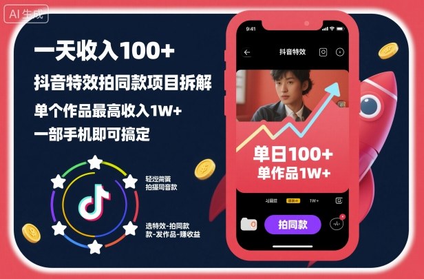 一天收入100+，抖音特效拍同款项目拆解，单个作品最高收入1W+，一部手机即可搞定-知芽创业社
