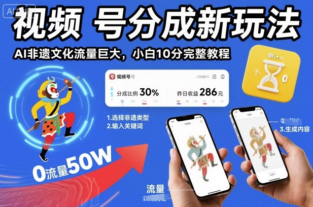 视频号分成新玩法，AI非遗文化流量巨大，小白10分钟搞定，完整教程-知芽创业社
