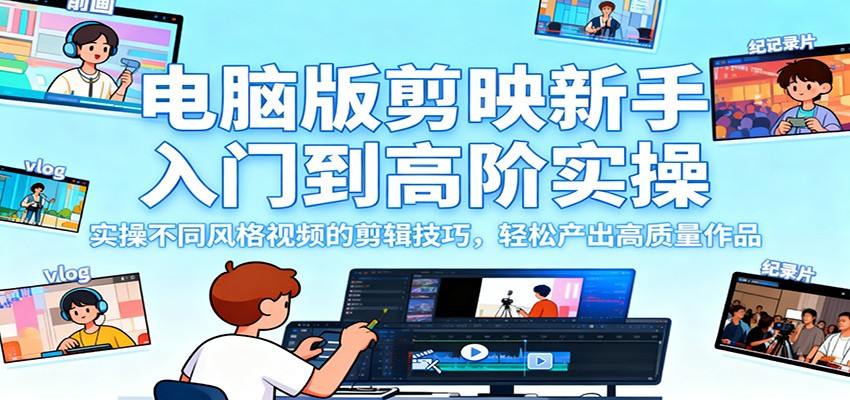 电脑版剪映新手入门到高阶实操，实操不同风格视频的剪辑技巧，轻松产出高质量作品-知芽创业社